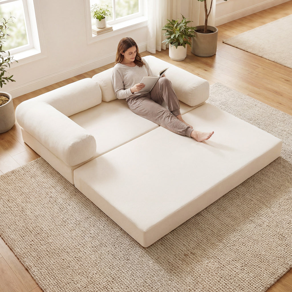 4-in-1 Convertible Folding Sofa Bed, Beige Corduroy - 59 Inch