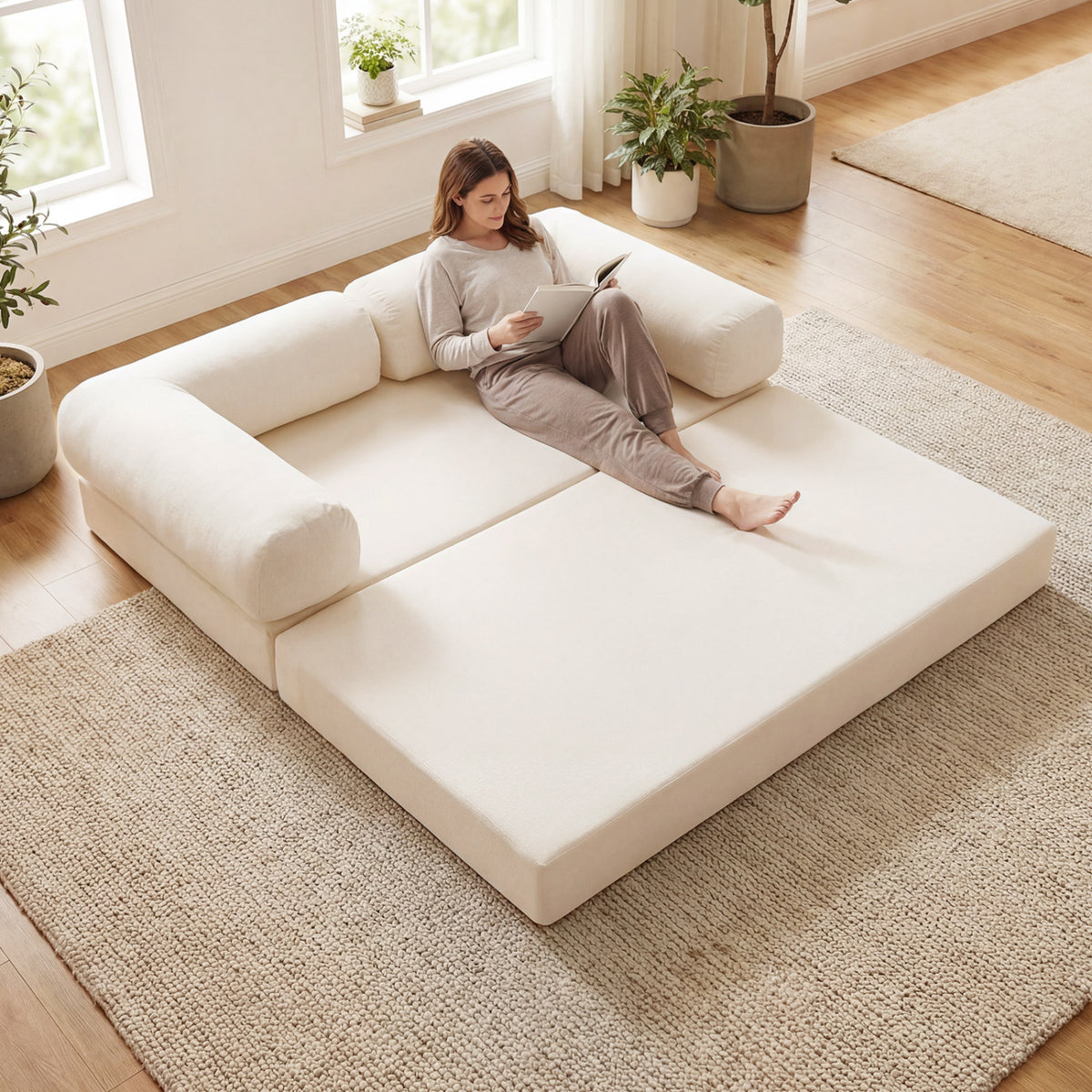 4-in-1 Convertible Folding Sofa Bed, Beige Corduroy - 59 Inch