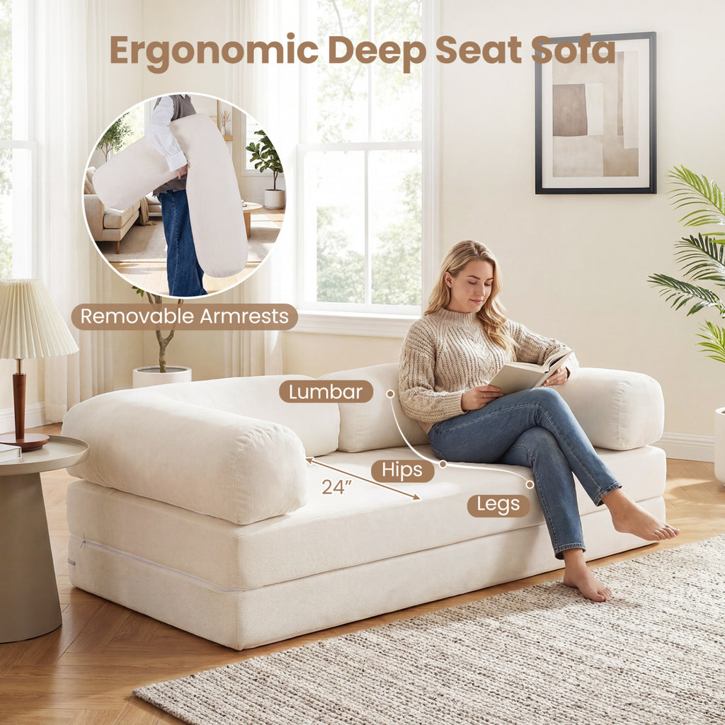4-in-1 Convertible Folding Sofa Bed, Beige Corduroy - 59 Inch