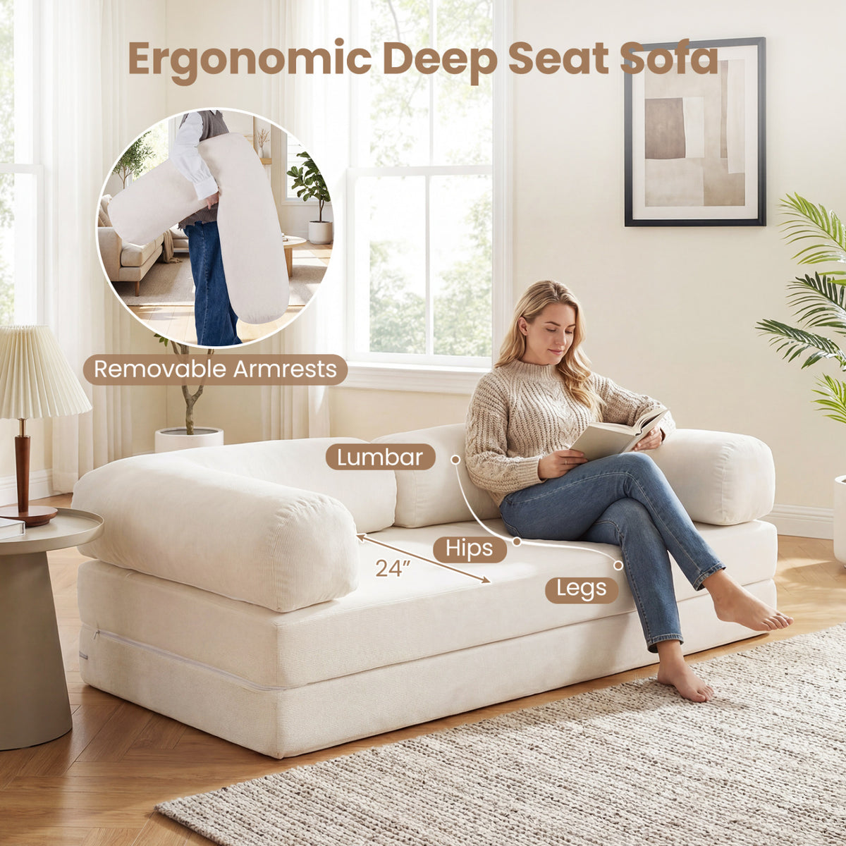 4-in-1 Convertible Folding Sofa Bed, Beige Corduroy - 59 Inch