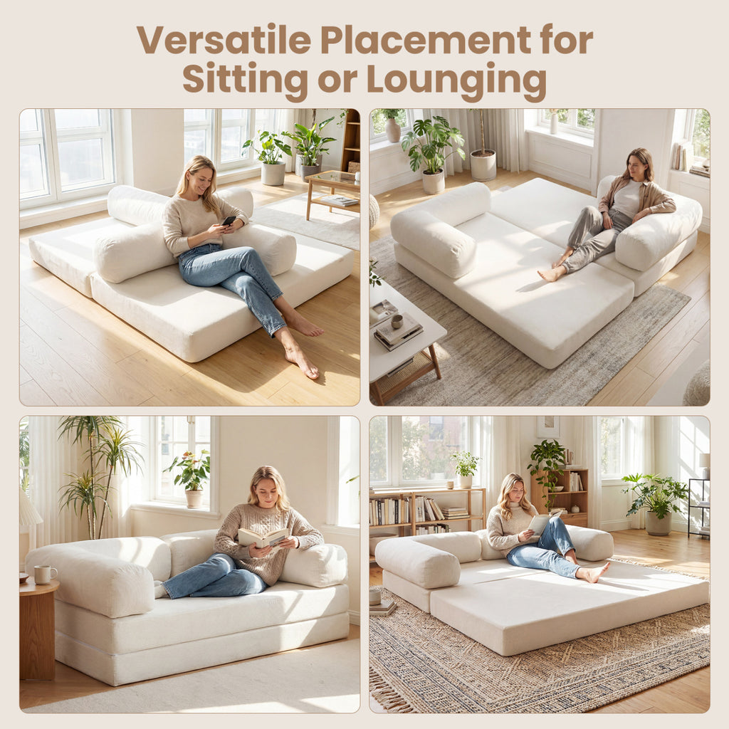 4-in-1 Convertible Folding Sofa Bed, Beige Corduroy - 59 Inch