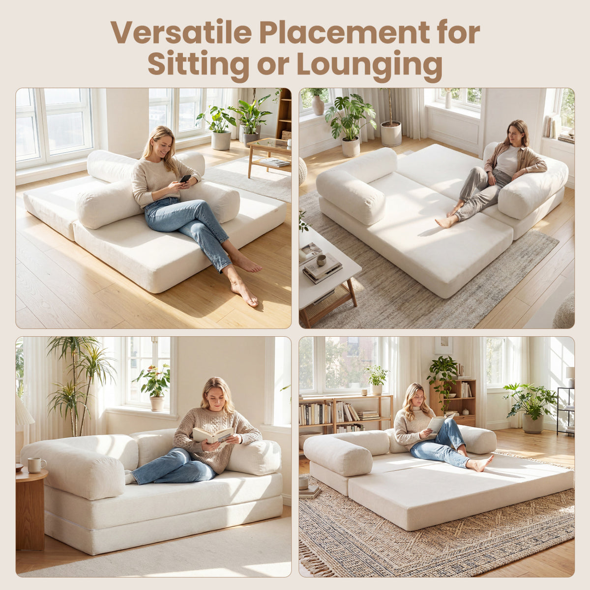 4-in-1 Convertible Folding Sofa Bed, Beige Corduroy - 59 Inch