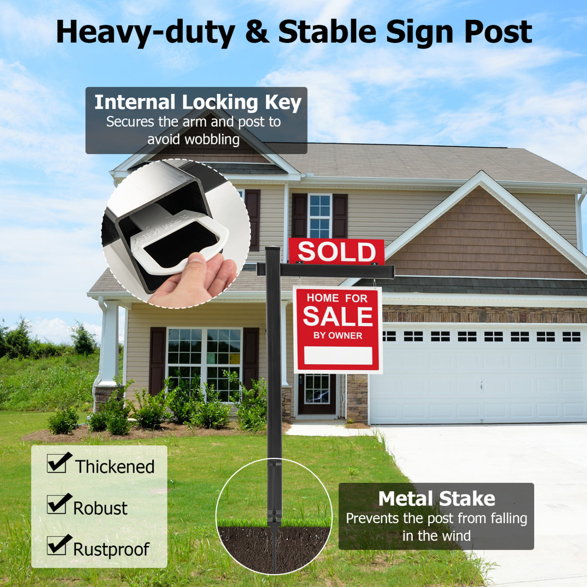 Realtor Yard Sign Post Set of 2, 6 Feet Vinyl UPVC Black Sign Posts for Open House