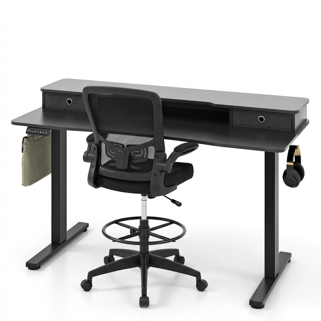 Electric Height Adjustable Standing Desk and Drafting Chair Set
