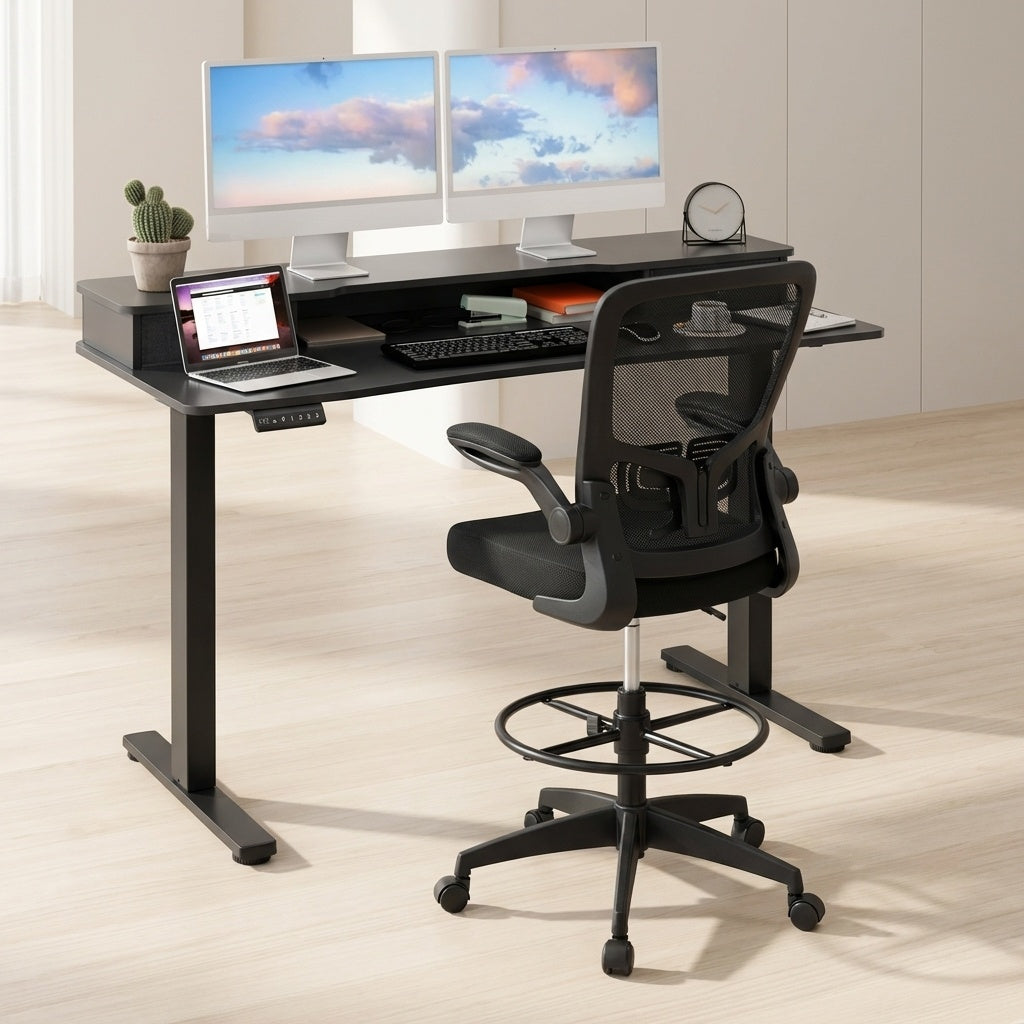 Electric Height Adjustable Standing Desk and Drafting Chair Set