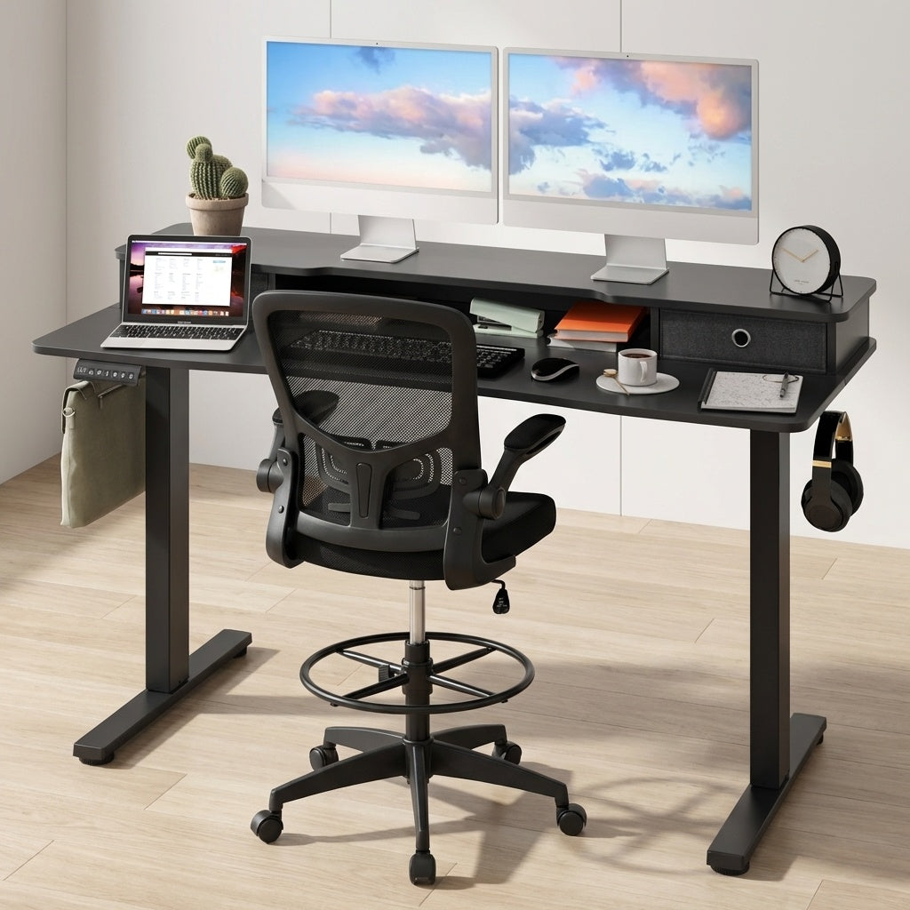 Electric Height Adjustable Standing Desk and Drafting Chair Set