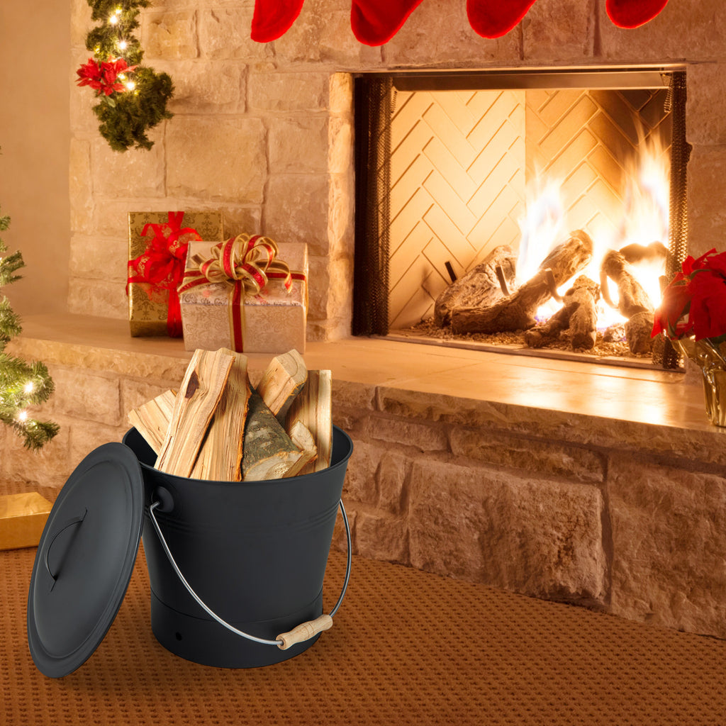 Ash Bucket with Lid and Cut-Resistant Gloves - Black