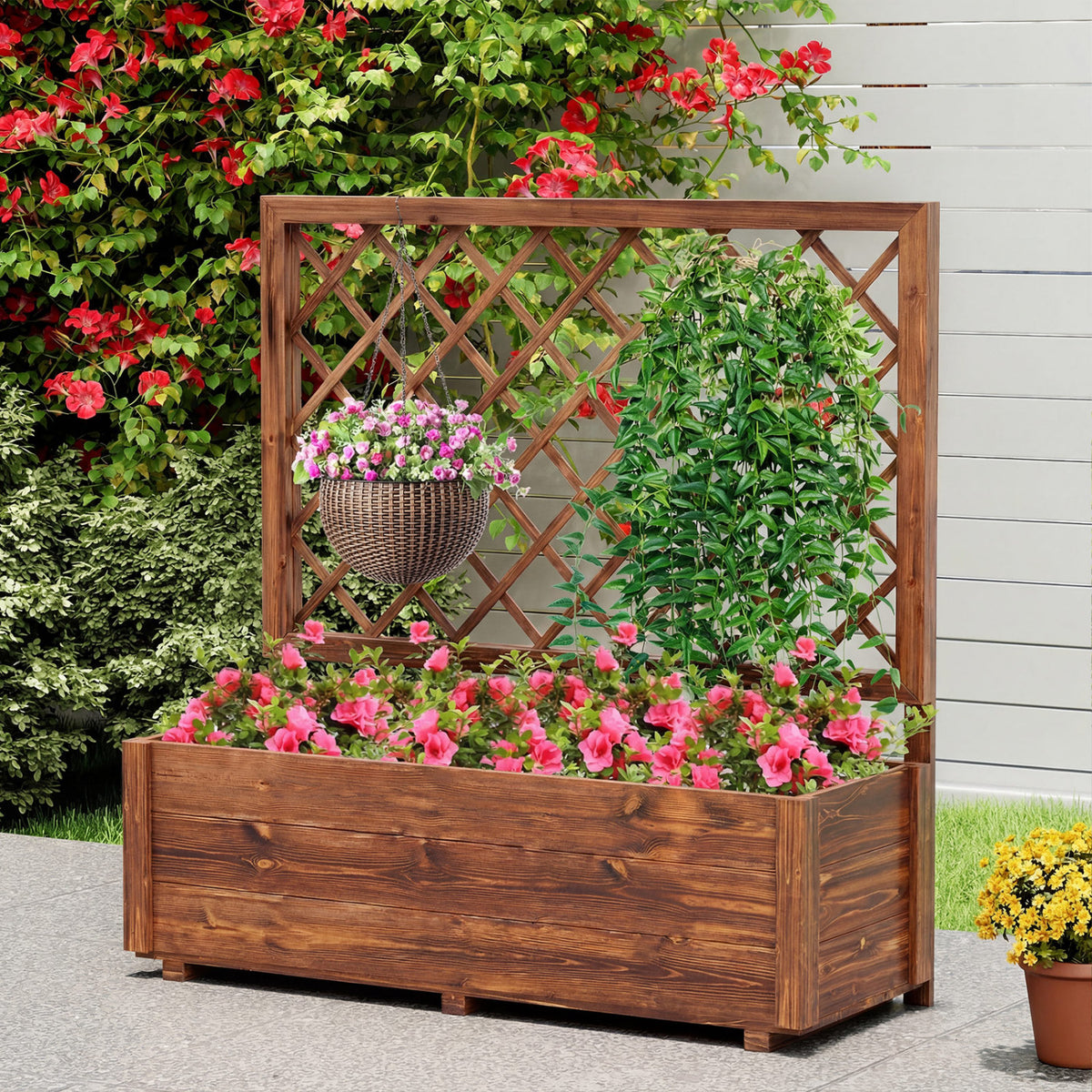 Wooden Elevated Raised Garden Bed with Lattice Trelliswith Drainage