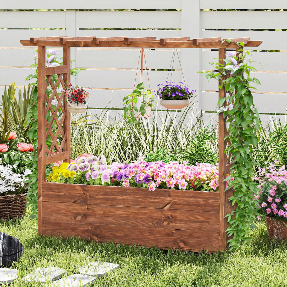 Wooden Elevated Planter Raised Garden Bed with Hanging Roof