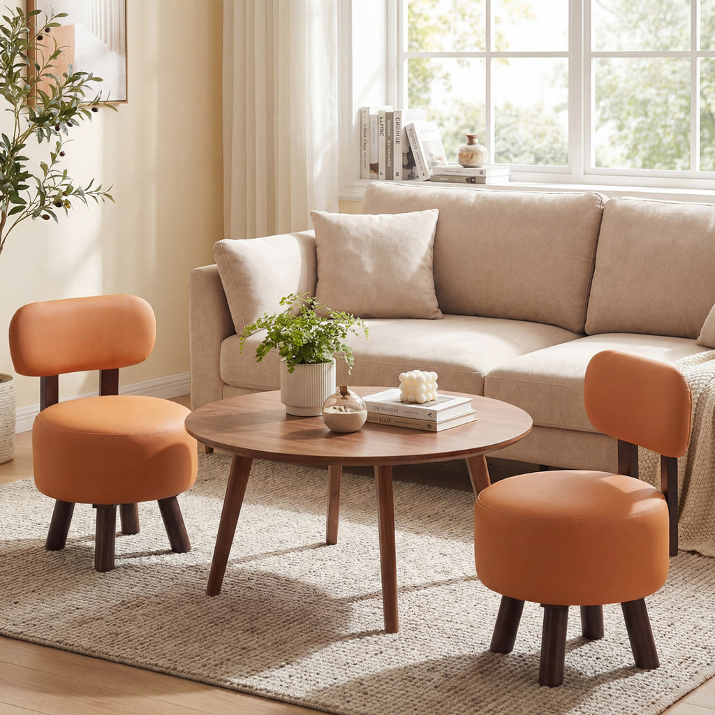 Round Ottoman with Backrest Set of 2 - Orange
