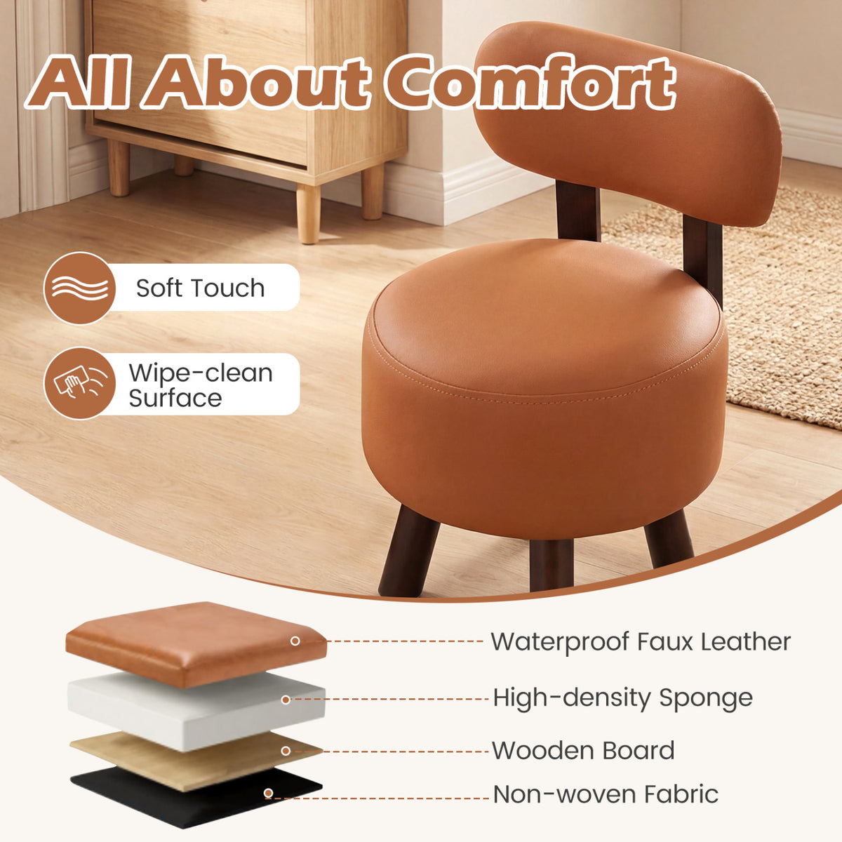 Round Ottoman with Backrest Set of 2 - Orange