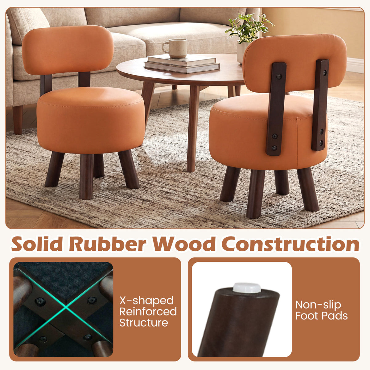 Round Ottoman with Backrest Set of 2 - Orange