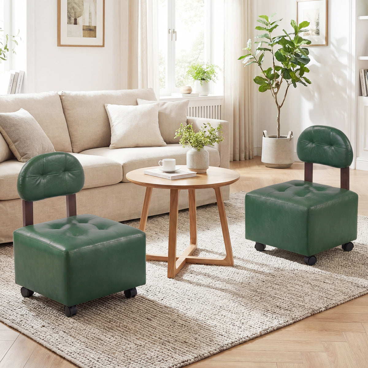 Rolling Footrest Stool with Lockable Wheels, Set of 2 - Green