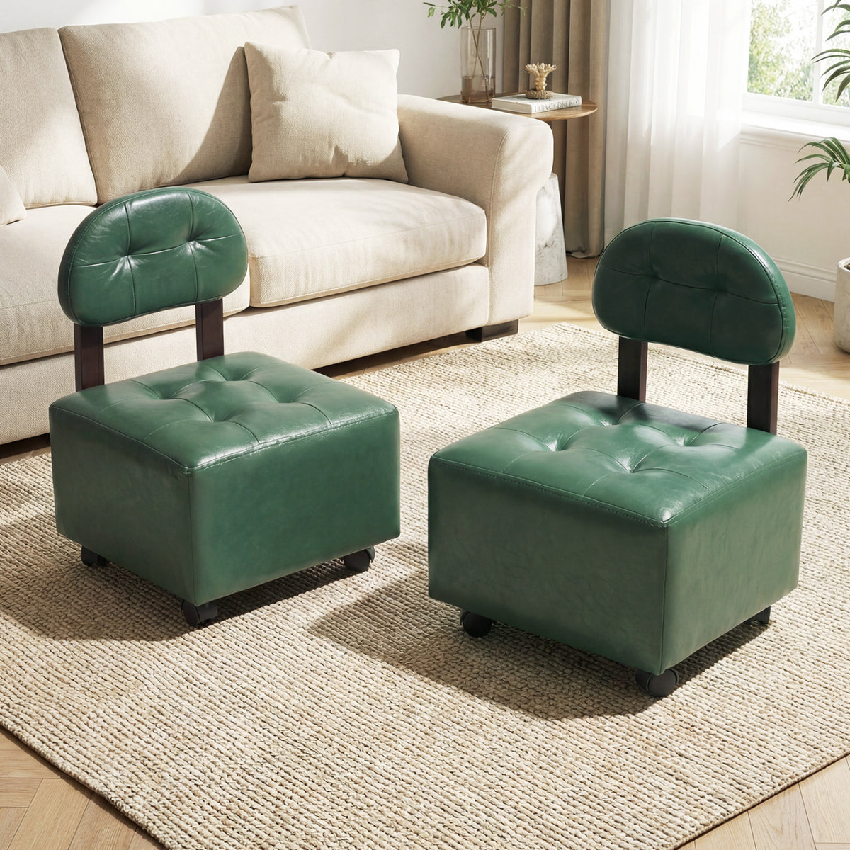 Rolling Footrest Stool with Lockable Wheels, Set of 2 - Green