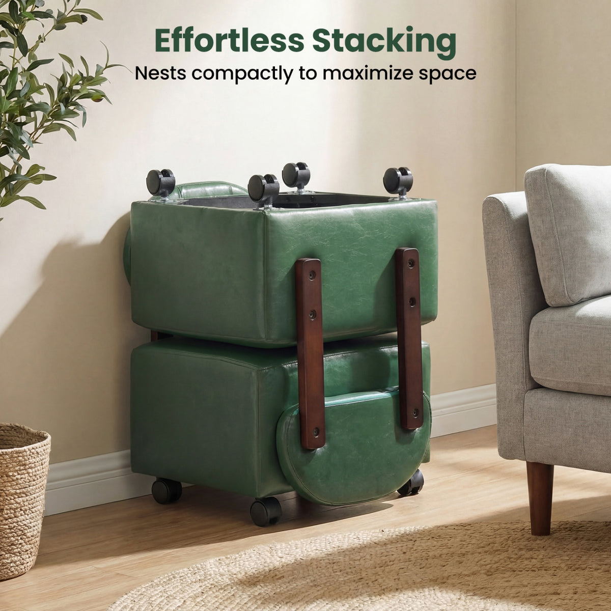 Rolling Footrest Stools Set of 2 with Lockable Wheels - Green