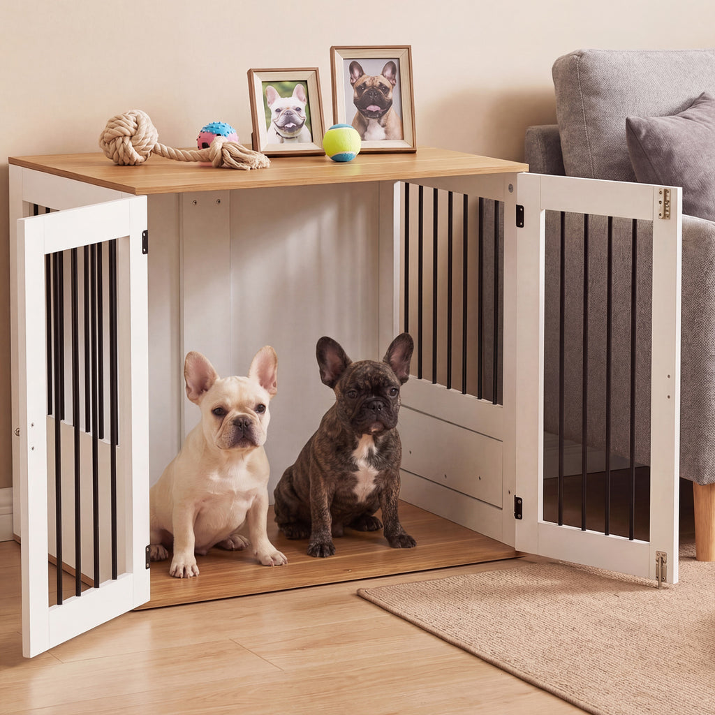 Wooden Dog Crate Furniture with Double Lock Doors & Swivel Feeding Holder - White