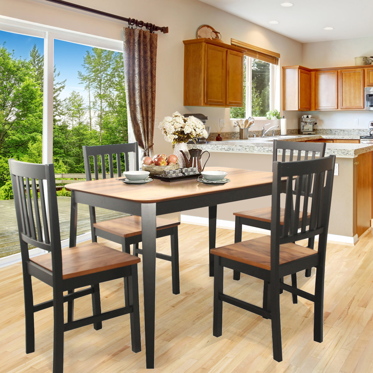 5-Piece Dining Table and Chair Set - Walnut Wood Grain