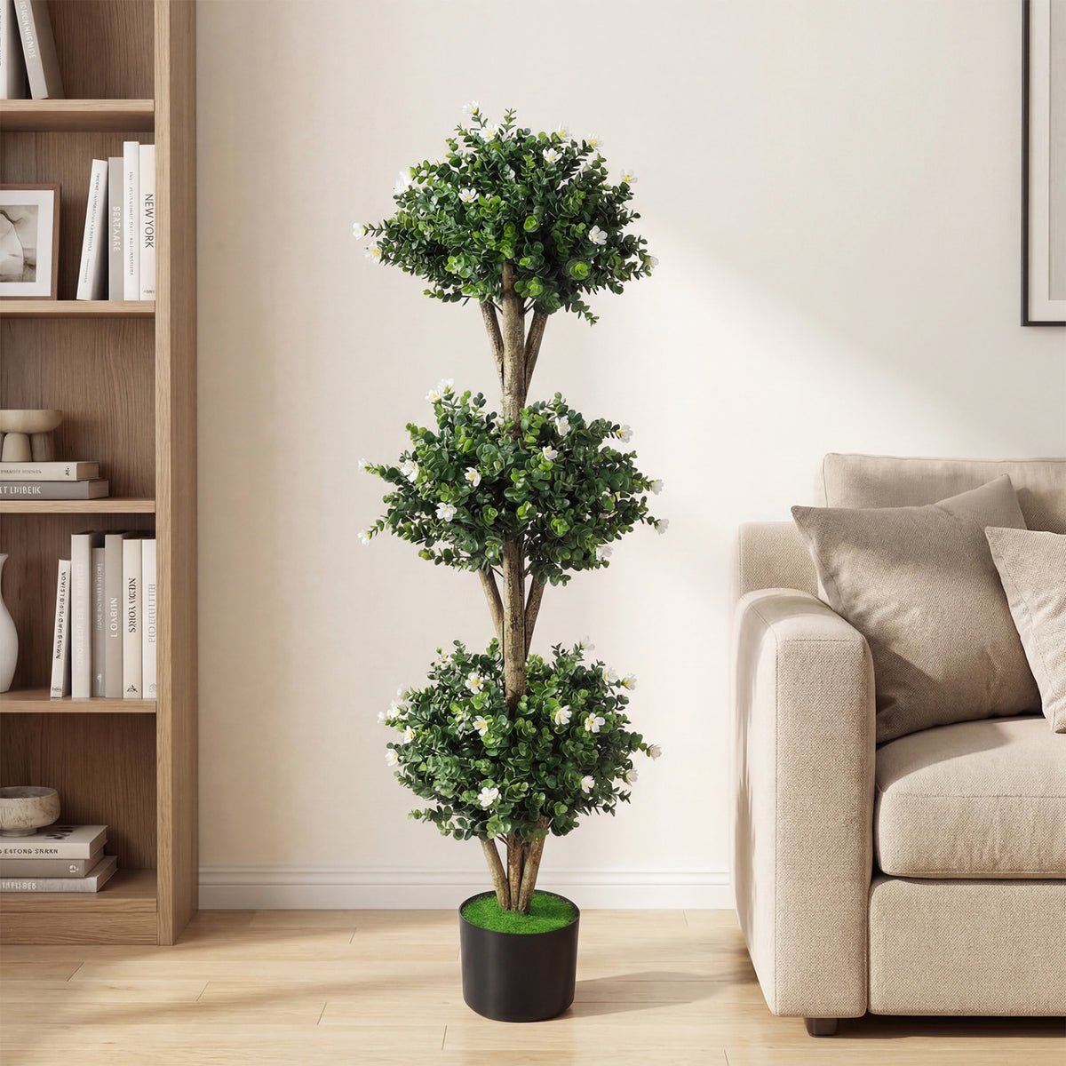 Artificial Triple Ball Boxwood Topiary Tree - Purple with 59 Blossoms, 51 Inch
