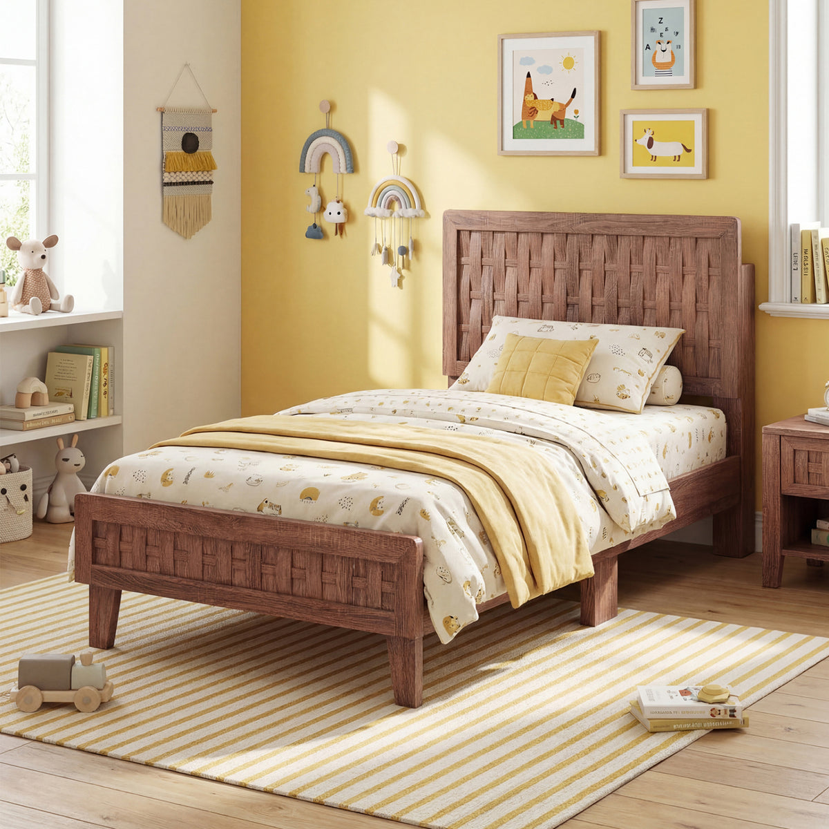 Mid-Century Bed Frame Twin Size with Woven Headboard