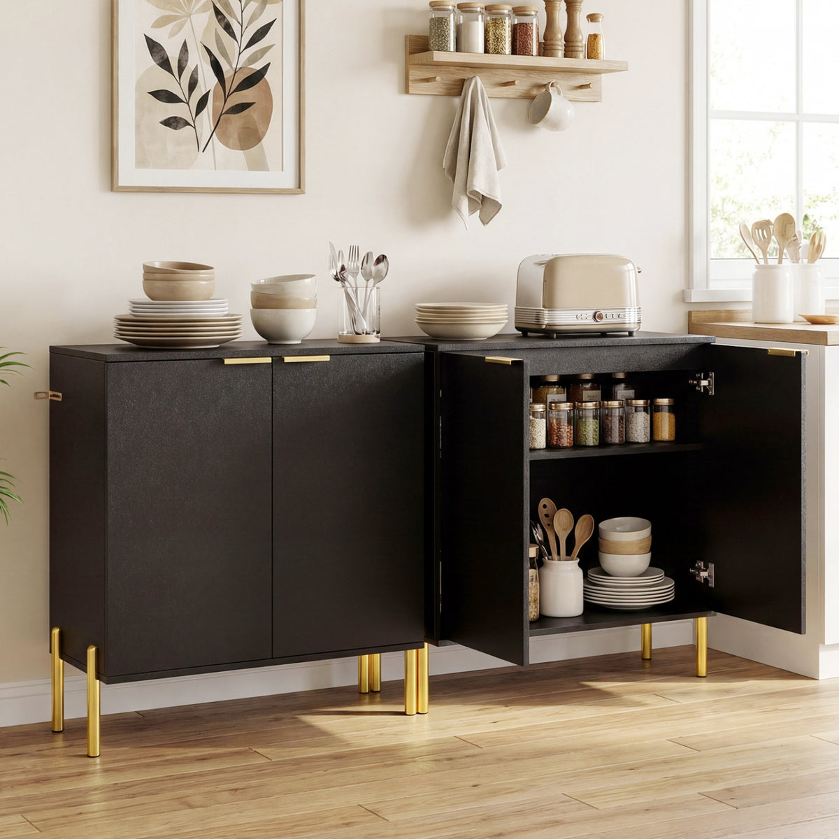 2-Door Buffet Cabinet Sideboard with Metal Legs - Black