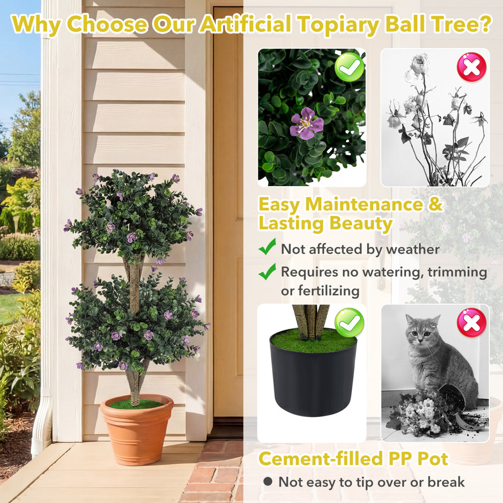 Artificial Double Ball Boxwood Topiary Tree with 41 Blossoms - Purple Variation