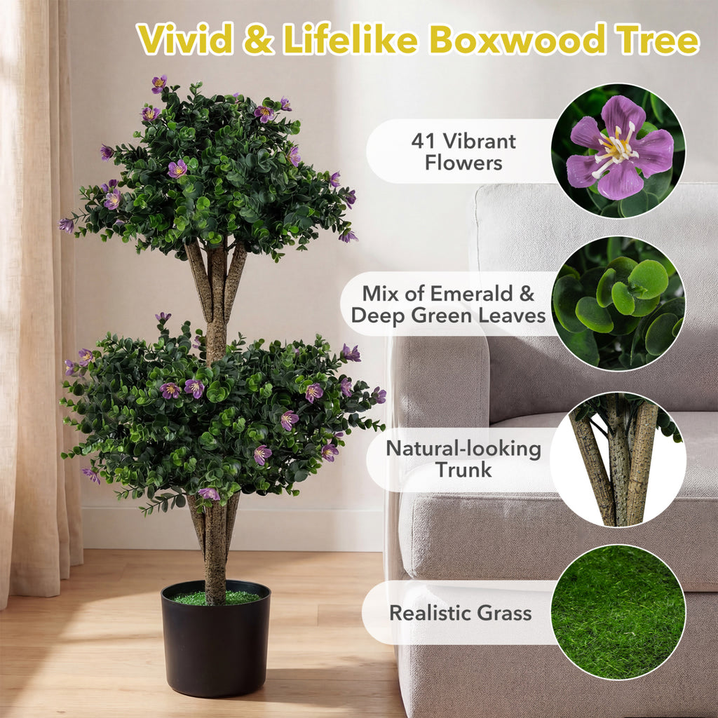 Artificial Double Ball Boxwood Topiary Tree with 41 Blossoms - Purple Variation