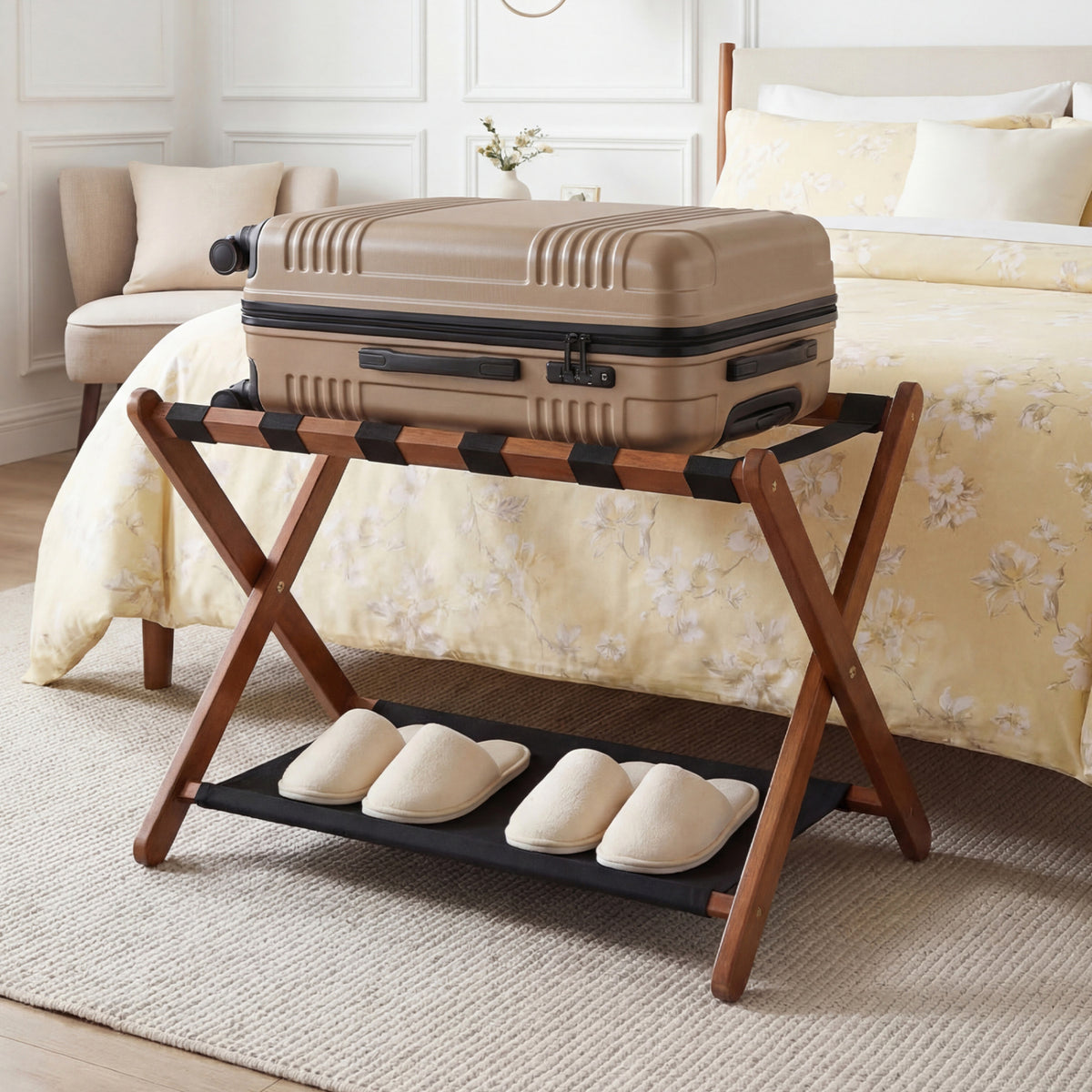 Solid Rubberwood Folding Luggage Rack with Nylon Shelves - Black & White