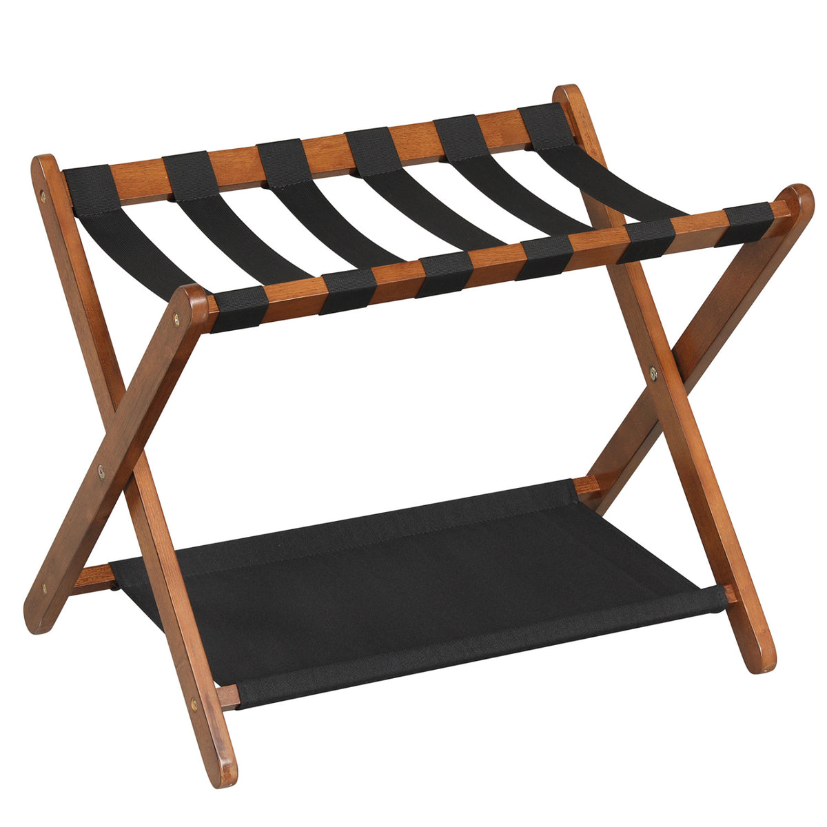 Solid Rubberwood Folding Luggage Rack with Nylon Shelves - Black & White