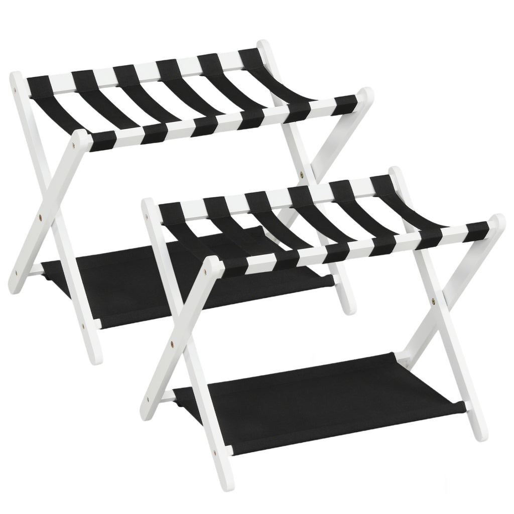 Solid Rubberwood Folding Luggage Rack with Nylon Shelves - Black & White