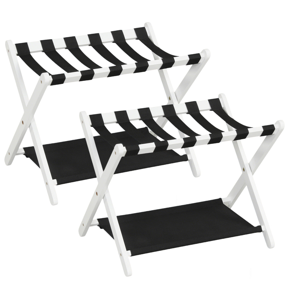 Solid Rubberwood Folding Luggage Rack with Nylon Shelves - Black & White