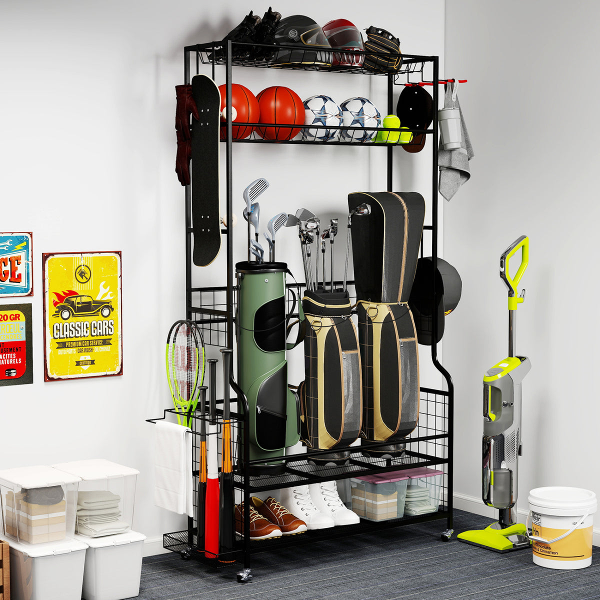 Golf Bag Organizer with Club Rack & 3 Bungee Cords - Black, Flexible Mounting