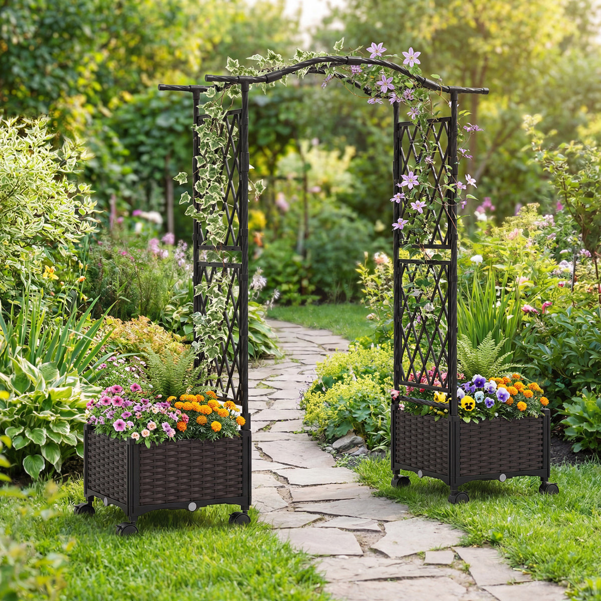 5 FT Raised Garden Bed with Trellis & Lockable Wheels - Set of 2, Brown