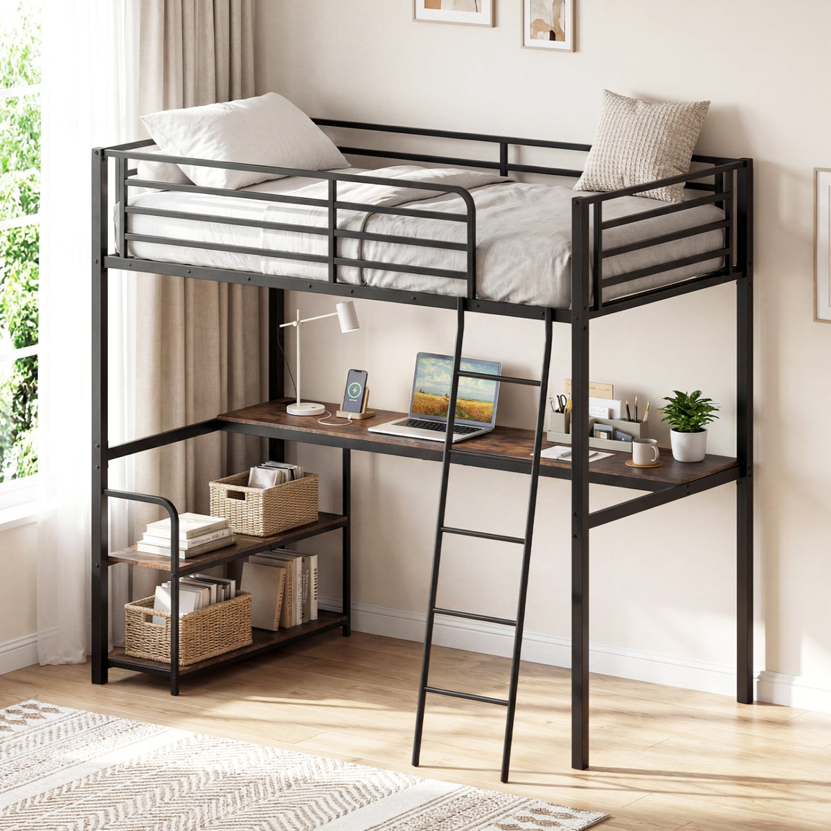 Twin Loft Bed with Desk and Shelves - Rustic Brown