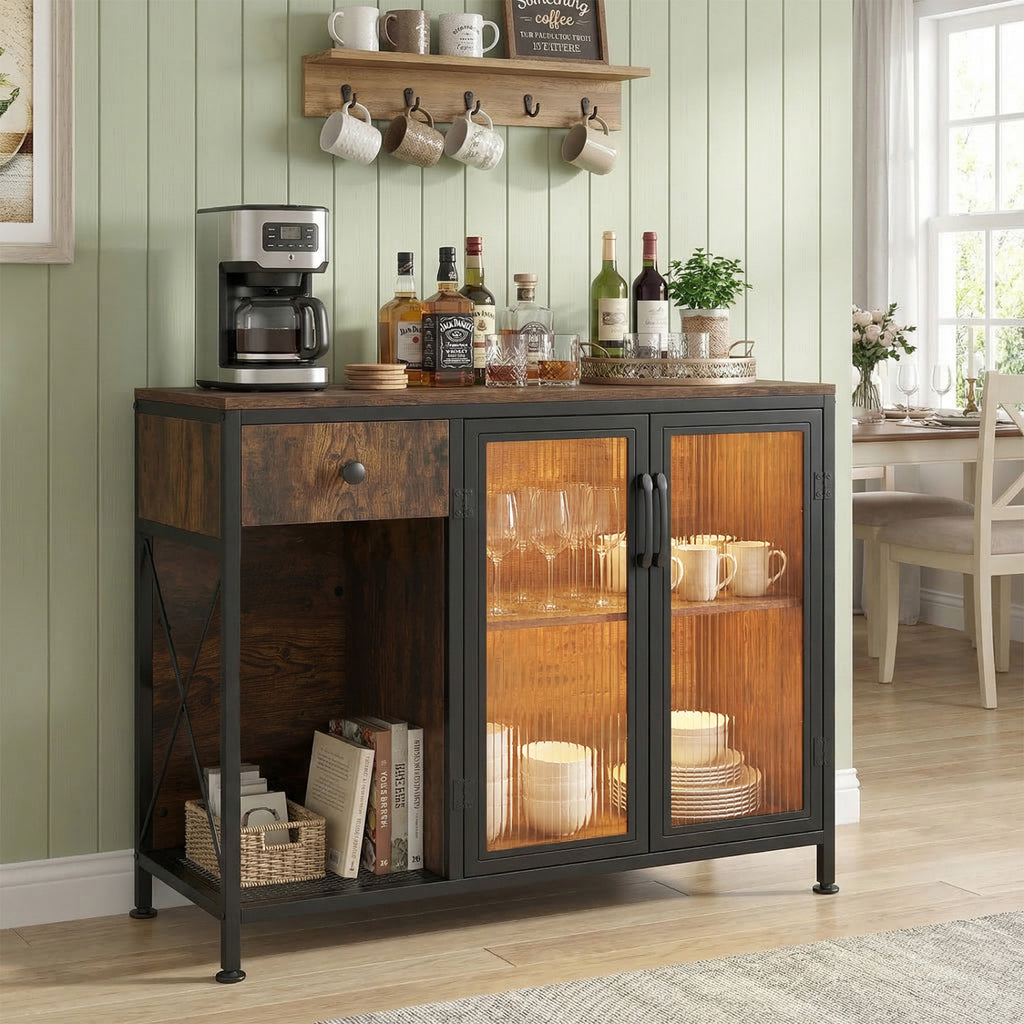 Buffet Sideboard with Power Outlets and LED Light - Rustic Brown