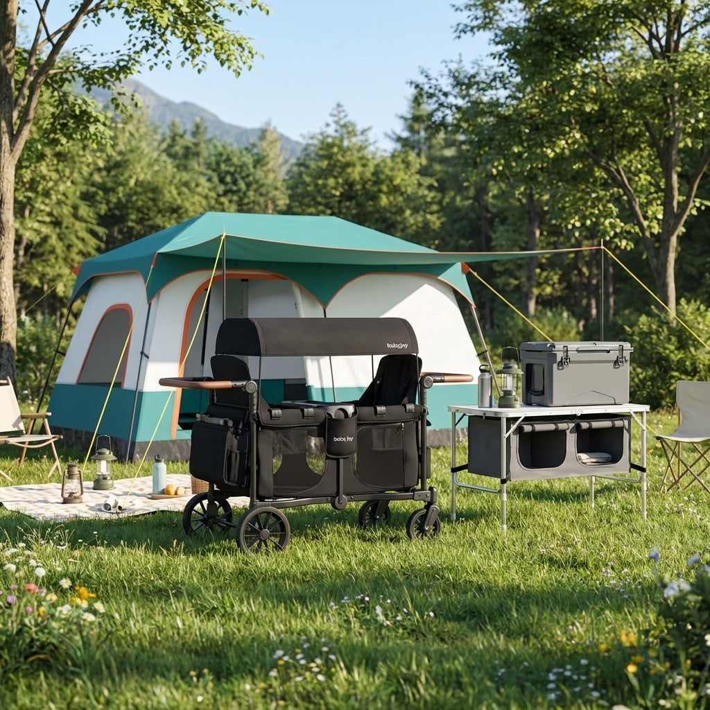 4-in-1 Family Camping Gear Set: Wagon Table Cooler and Tent