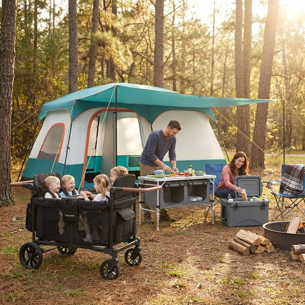 4-in-1 Family Camping Gear Set: Wagon Table Cooler and Tent