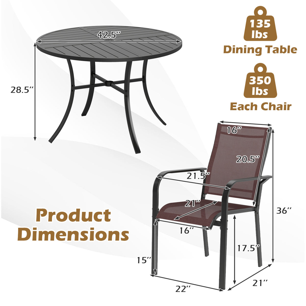 5 Pieces Patio Dining Set for 4 42.5 inch Outdoor Round Metal Table