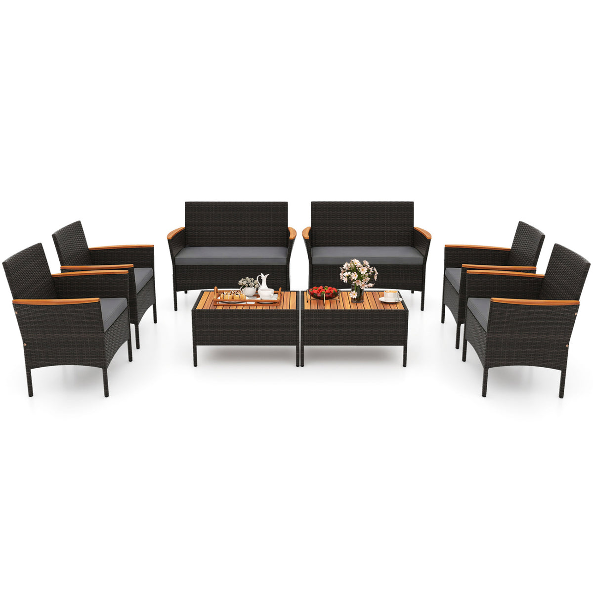 7-Piece Rattan Patio Sofa Set - Loveseat, 2 Chairs, 2 Ottomans & Coffee Tables