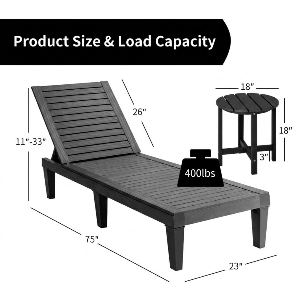 3-Piece Patio Lounge Set with Adjustable Recliner Chairs and Round
