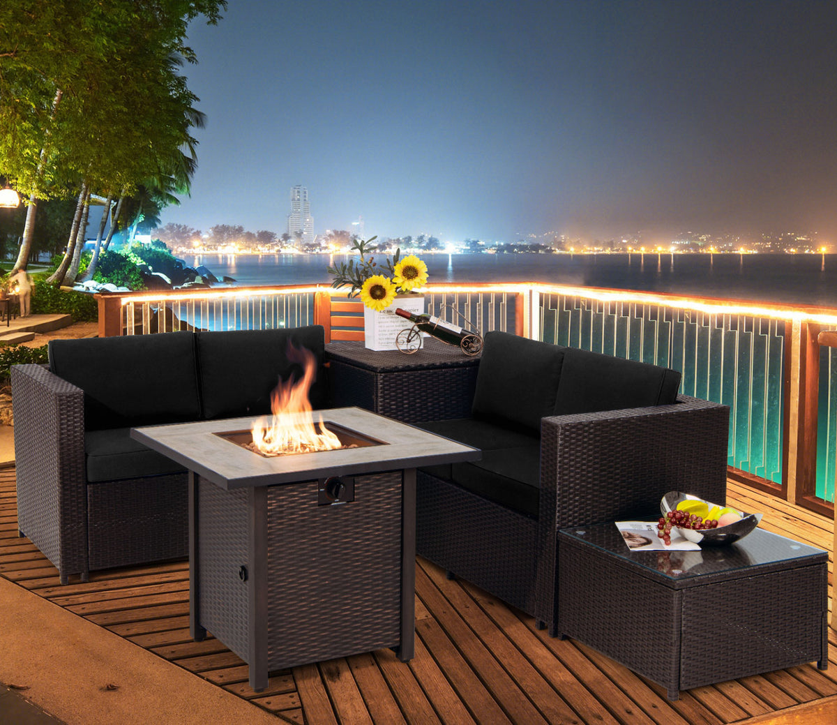 5-Piece Patio Furniture Set with 30 Inches Gas Fire Pit Table Outdoor