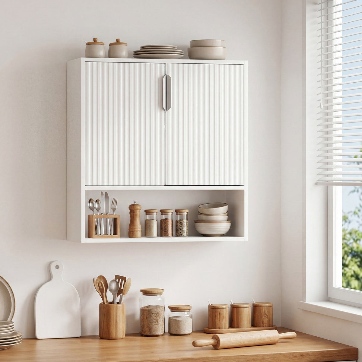 Bathroom Wall Cabinet with Open Cube and Adjustable Shelf - White