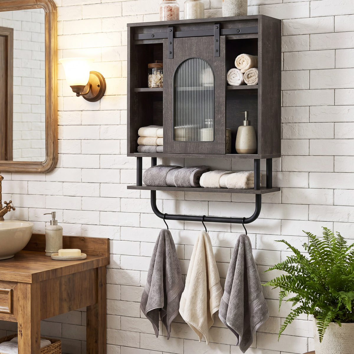 Bathroom Wall Cabinet with Sliding Barn Door and Metal Hanging Bar 3