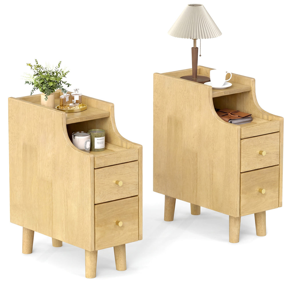 Set of 2 Solid Wood Nightstands with Pull-Out Tray - Natural