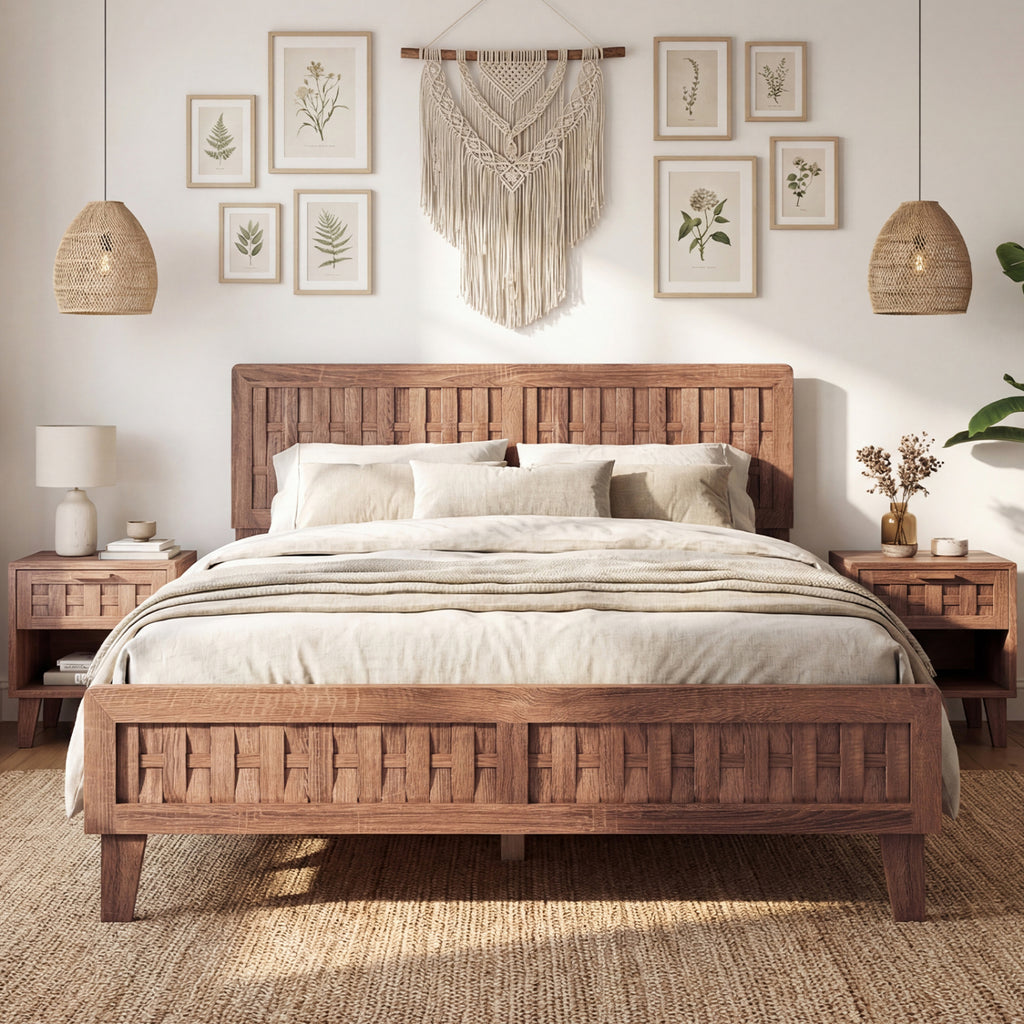 Mid Century Queen Bed Frame with Woven Accent Headboard - Natural