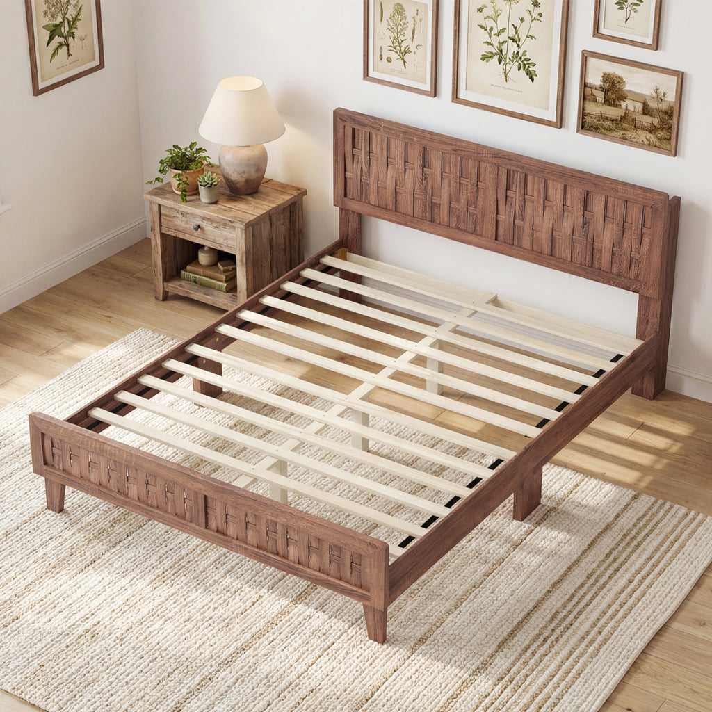 Mid Century Queen Bed Frame with Woven Accent Headboard - Natural