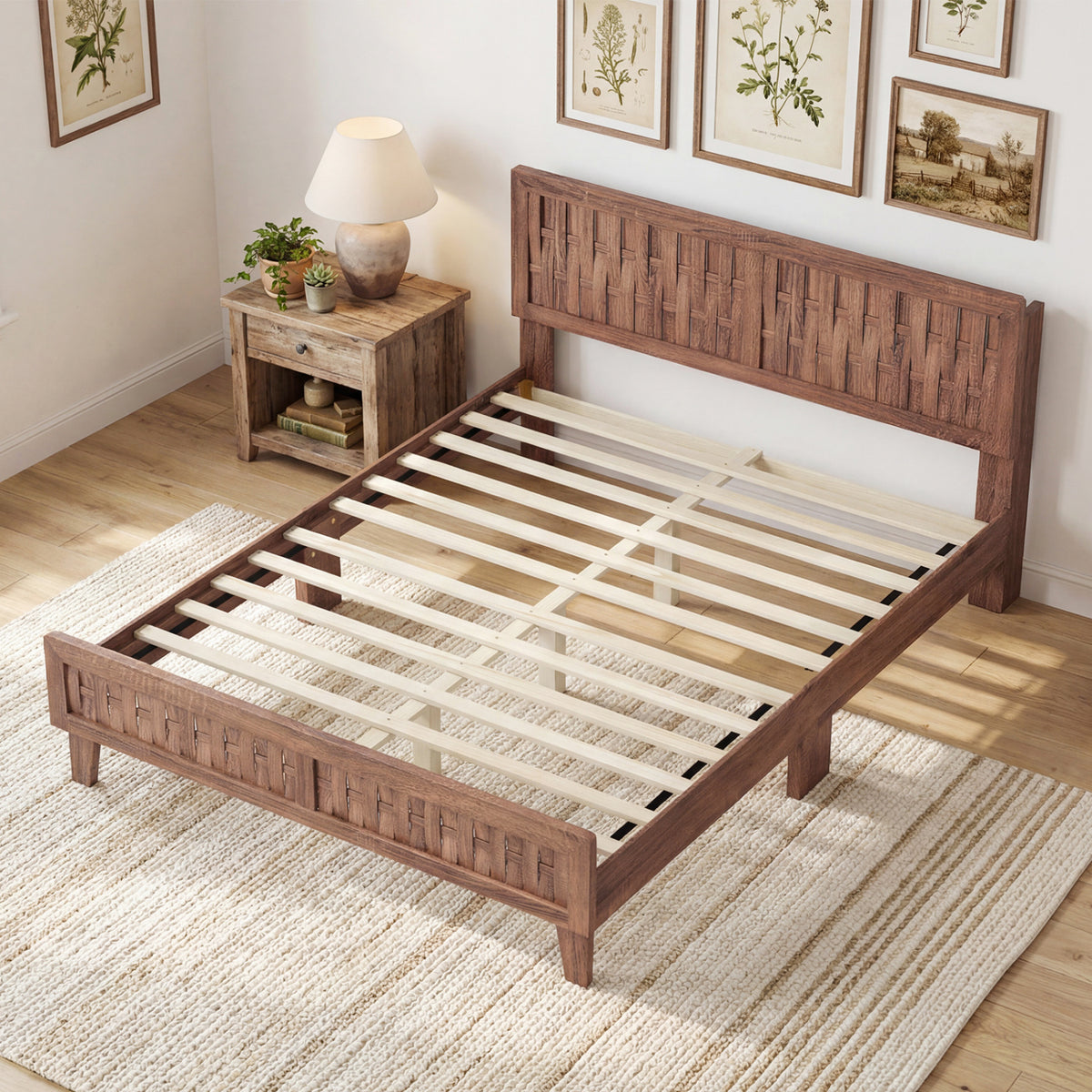 Mid Century Queen Bed Frame with Woven Accent Headboard - Natural