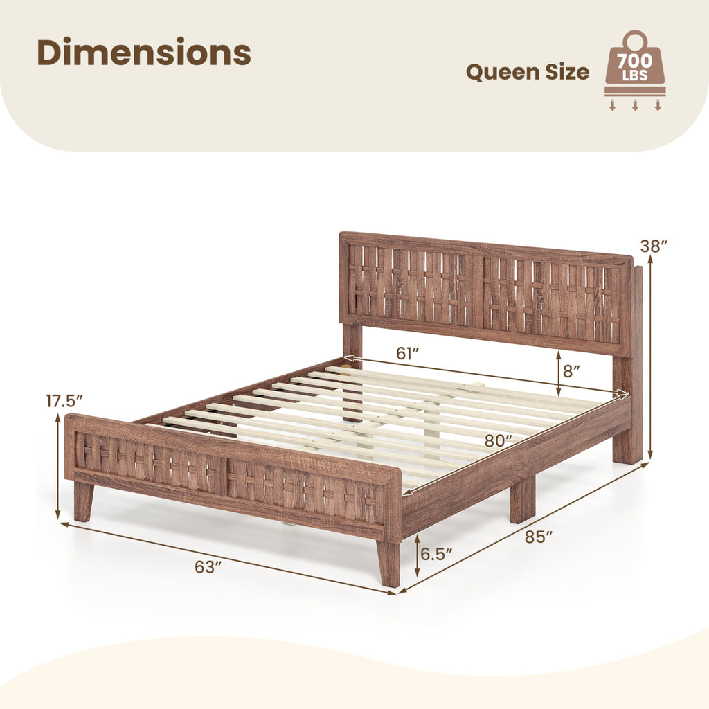 Mid Century Queen Bed Frame with Woven Accent Headboard - Natural