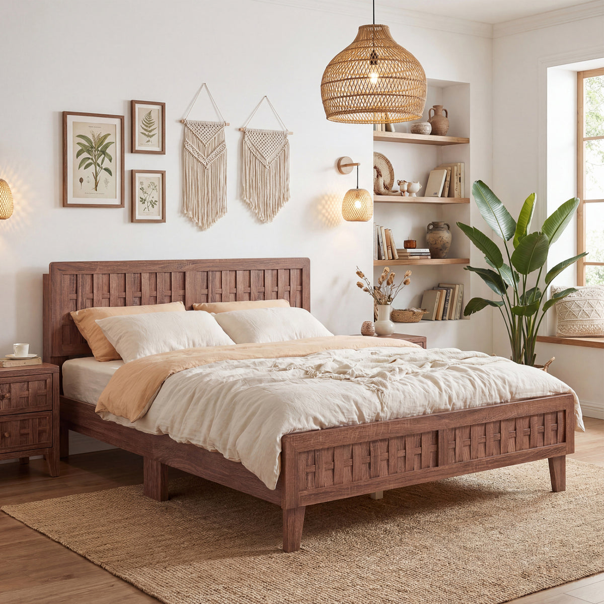 Mid Century Queen Bed Frame with Woven Accent Headboard - Natural