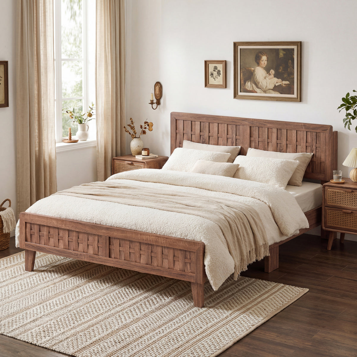 Mid Century Queen Bed Frame with Woven Accent Headboard - Natural
