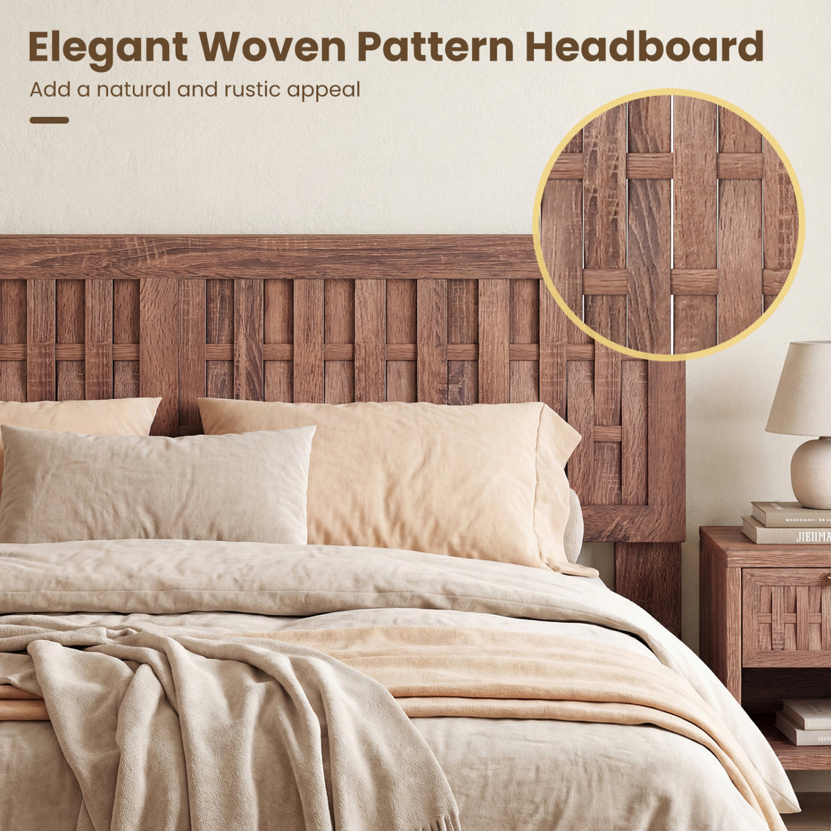 Mid Century Queen Bed Frame with Woven Accent Headboard - Natural